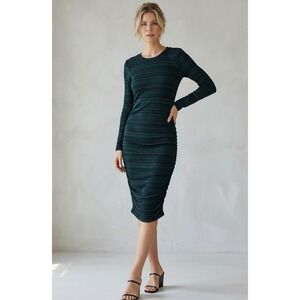Veronica Beard Jeans Green Metallic Striped Ruched Long Slv‎ Dress Fits S $295